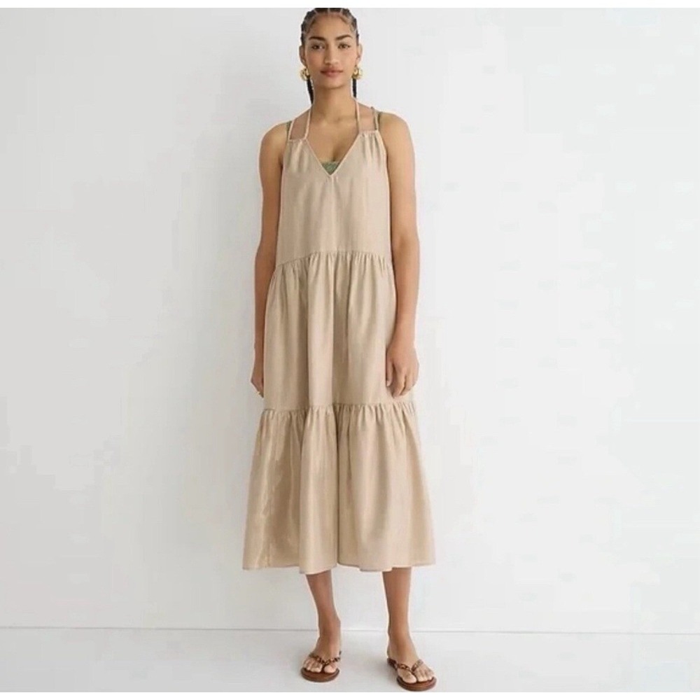 J Crew Womens Gold Metallic Cross Back Halter Beach Dress Size M Tiered Midi‎